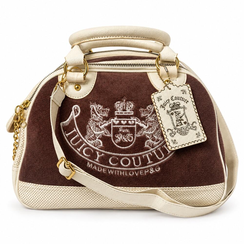 Juicy Couture Y2K Velour Bowler Satchel Bag Brown Cream Gold Womens Shoulder - Picture 2 of 16